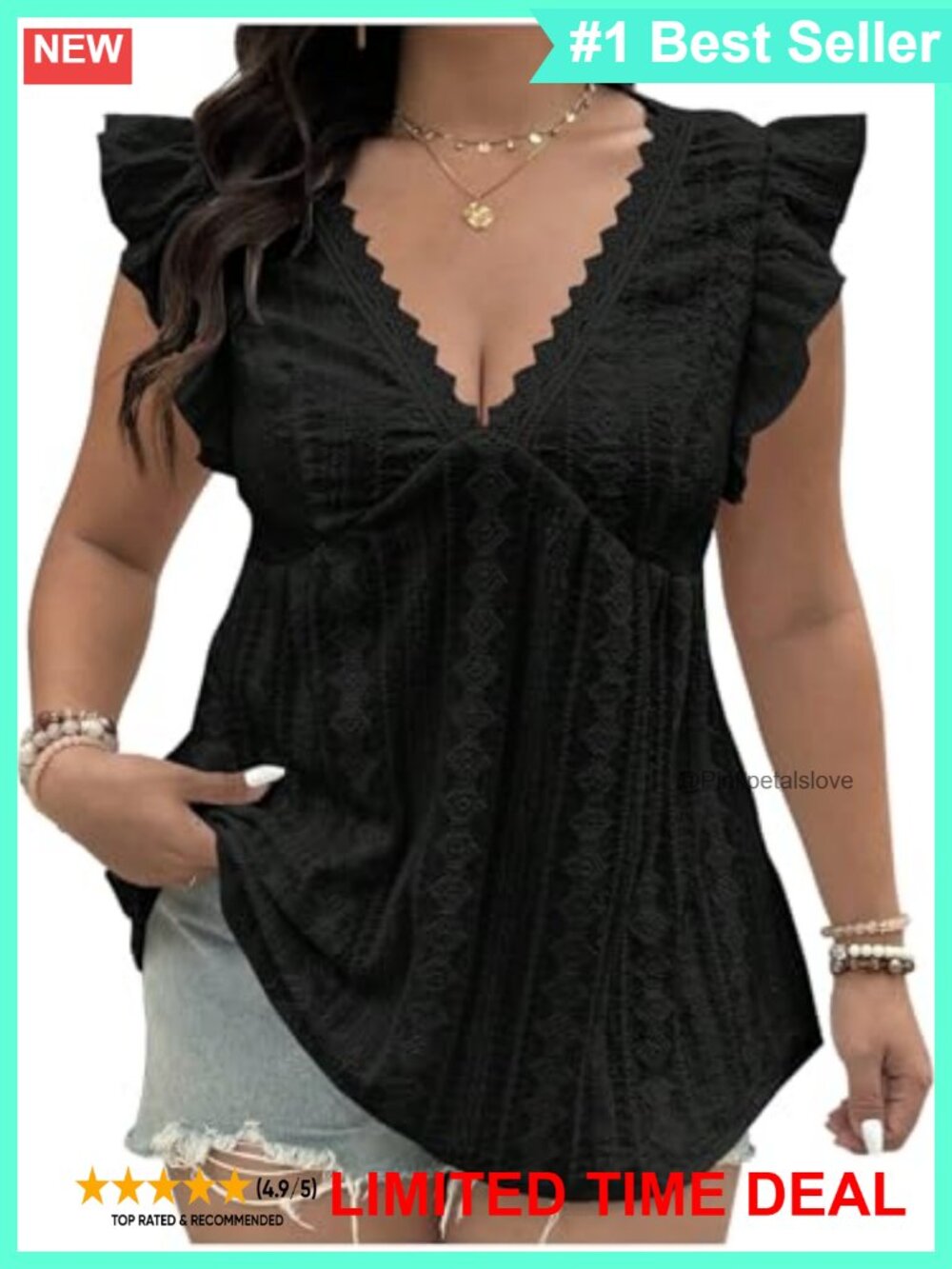 Plus Size Lace V Neck Peplum Blouse Ruffle Sleeve Eyelet Top